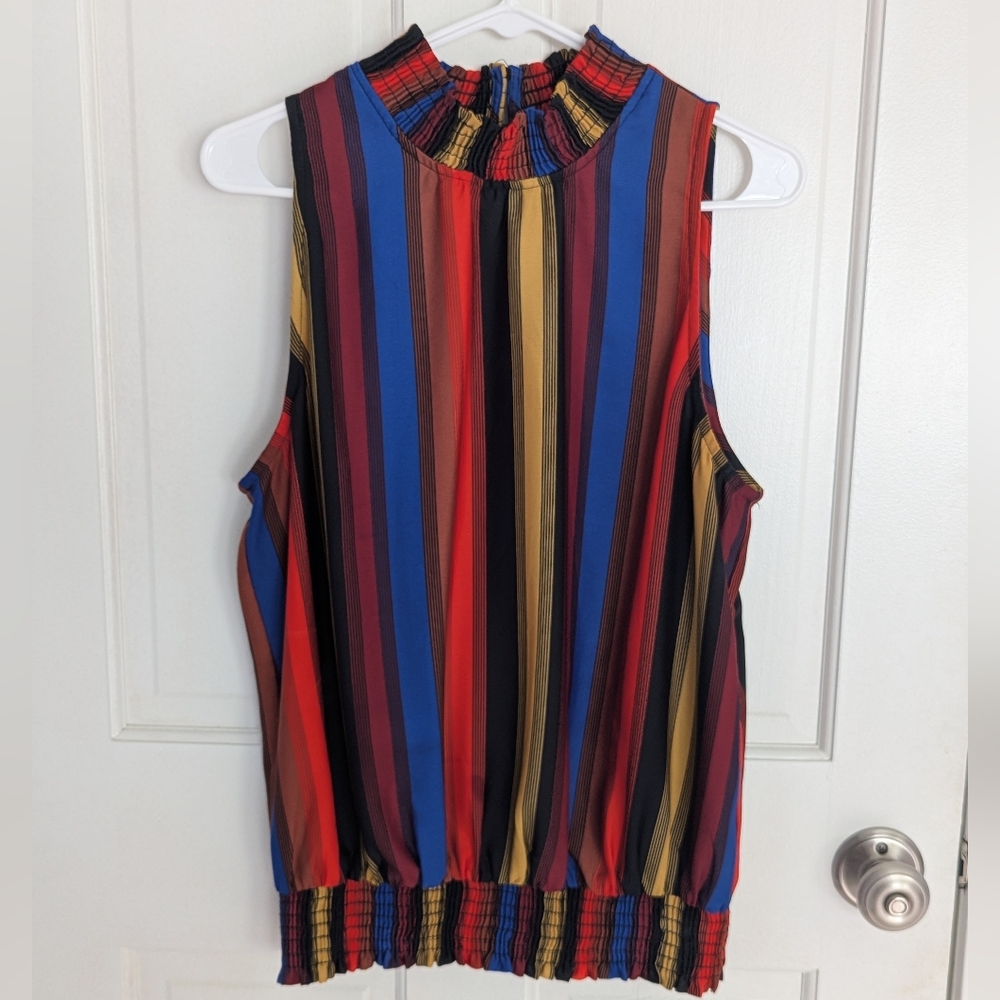 Allison Joy Red Blue Yellow Vertical Striped Sleeveless Blouse Size XL